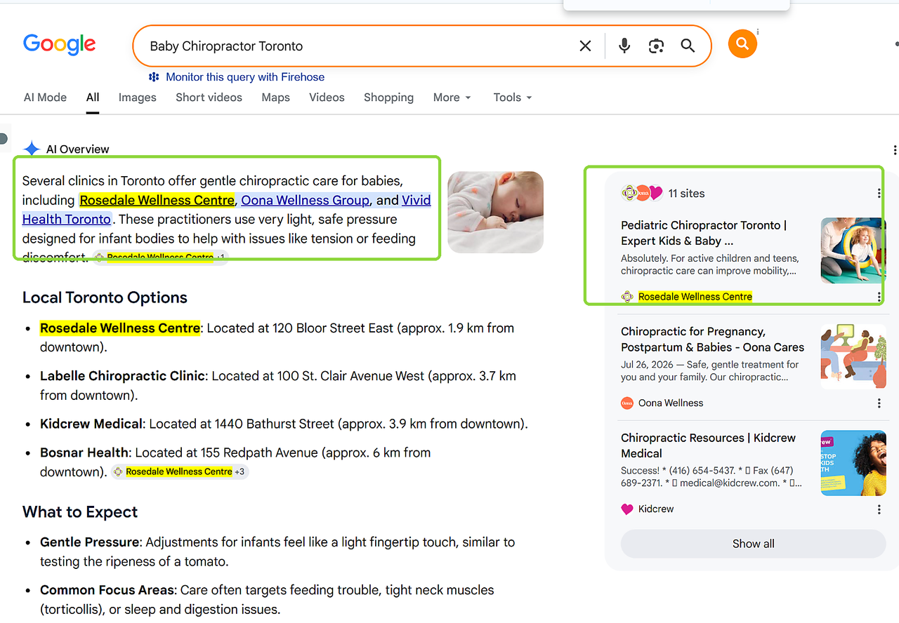 Google AI Overview naming and citing Rosedale Wellness Centre for baby chiropractor Toronto