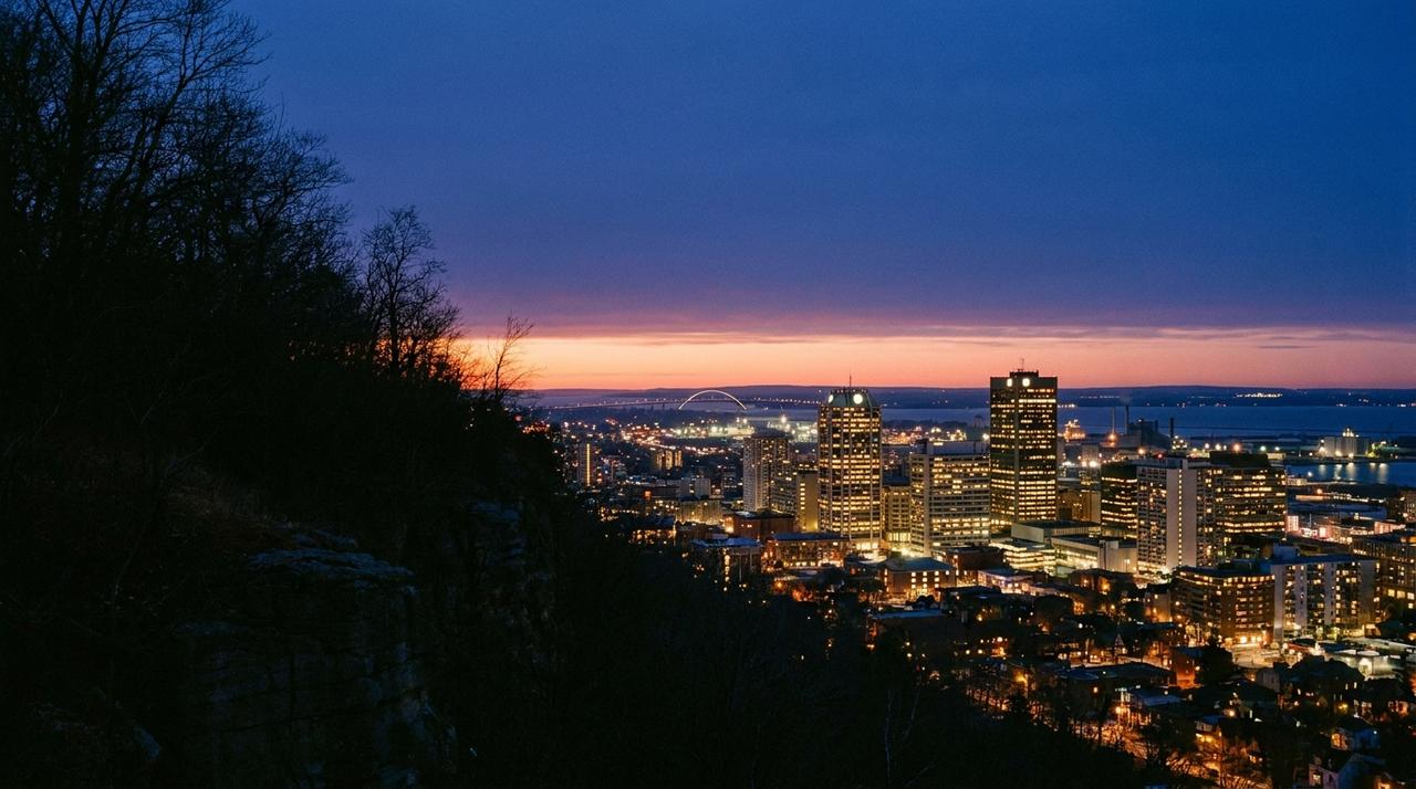 Downtown Hamilton at blue hour seen from the brow of the Niagara Escarpment, with the harbour behind