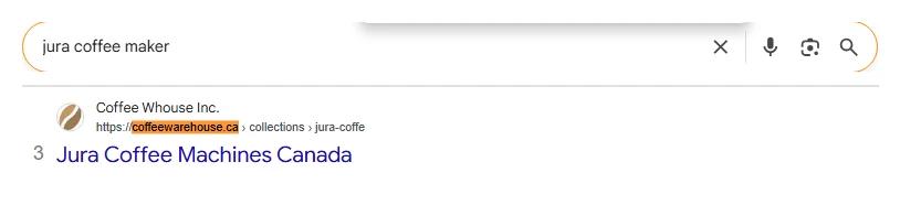 Google search for jura coffee maker: Coffee Warehouse at number 3 with its Jura Coffee Machines Canada collection page