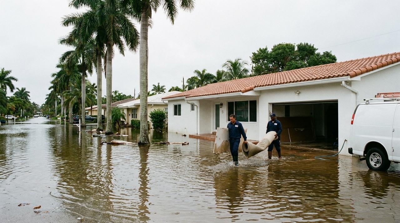 A water damage restoration crew carrying soaked carpet and drywall out of a flooded Fort Lauderdale ranch house, with brown floodwater across the street and royal palms
