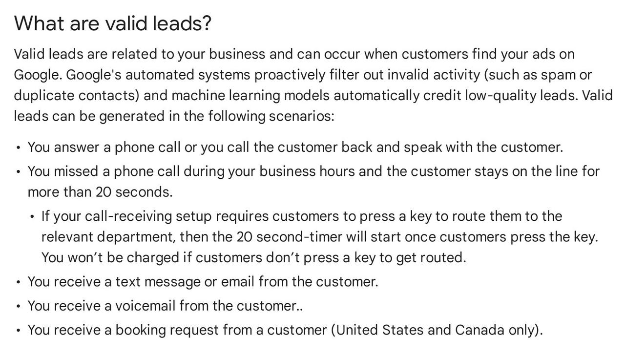 Google help page listing what counts as a valid Local Services Ads lead, including answered calls, missed calls over 20 seconds, messages, voicemails and booking requests