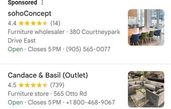 Google Maps results for luxury furniture stores with a sponsored listing, then Candace & Basil (Outlet) first