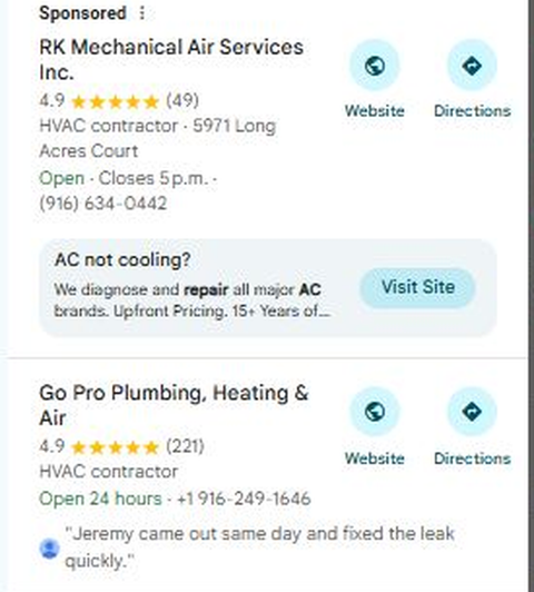 Google Maps results for HVAC Repair in Sacramento: one sponsored listing, then Go Pro Plumbing, Heating and Air first with 4.9 stars from 221 reviews