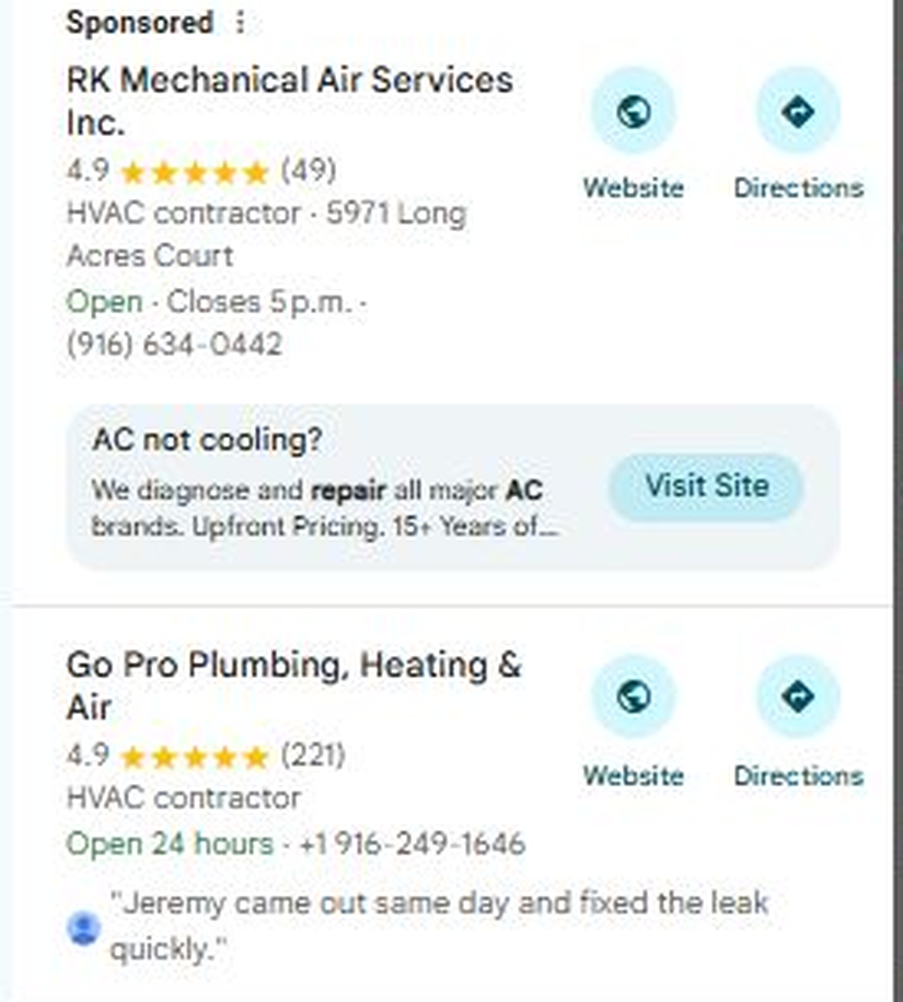 Google Maps results for HVAC repair in Sacramento: a sponsored listing, then Go Pro Plumbing, Heating and Air rated 4.9 from 221 reviews as the first unsponsored result