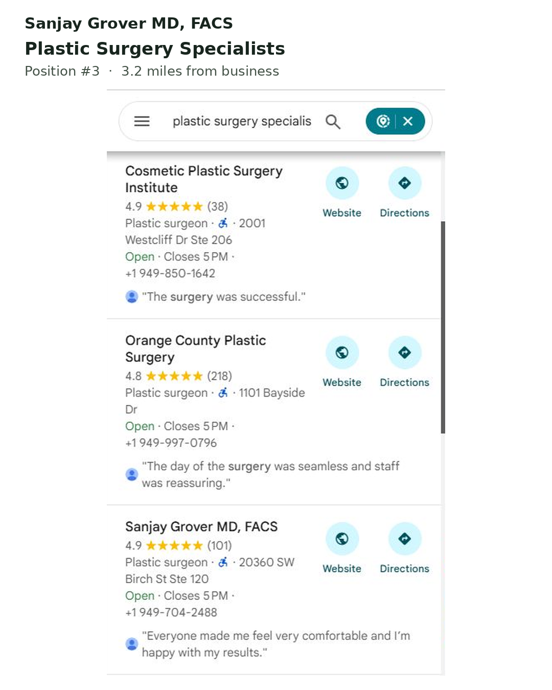 Google Maps results for plastic surgery specialists: Cosmetic Plastic Surgery Institute, Orange County Plastic Surgery, then Sanjay Grover MD, FACS