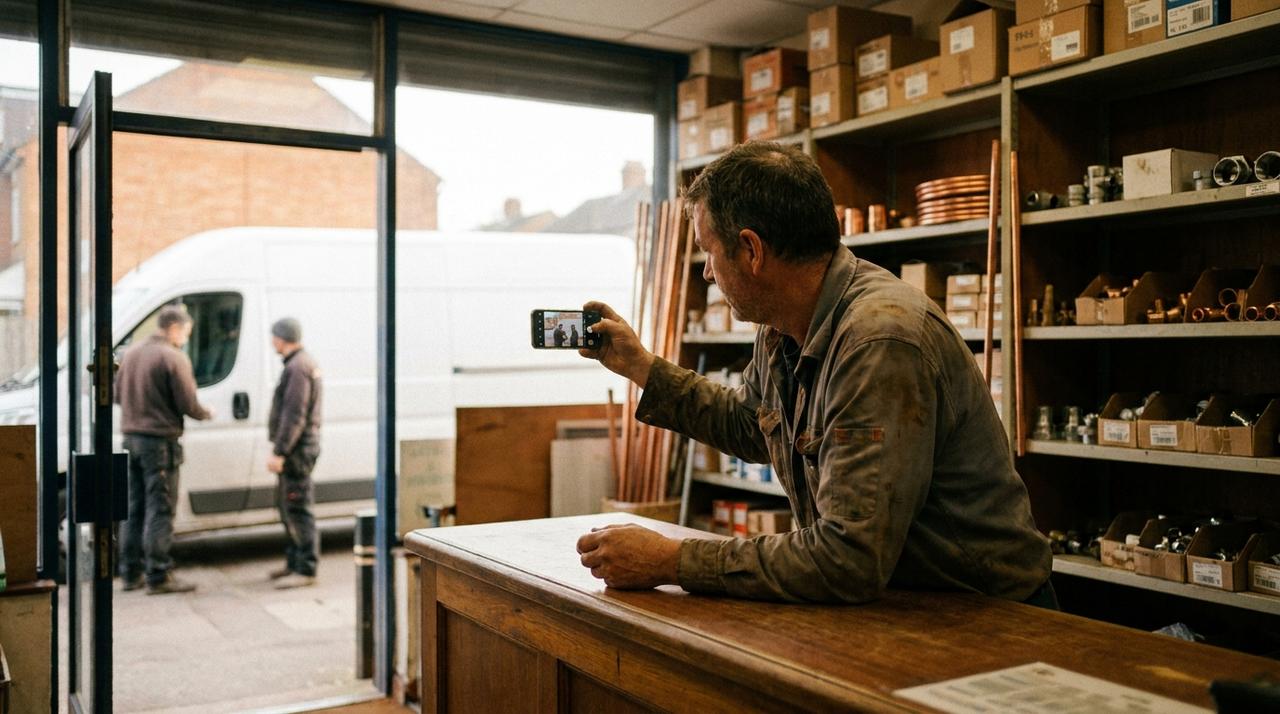 The owner of a small plumbing supply shop leans on his counter and photographs two of his staff standing beside a white work van outside the open door
