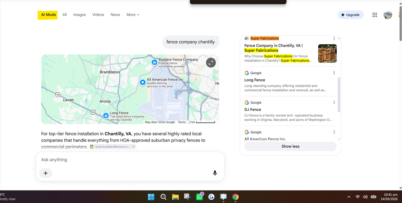 Google AI Mode for fence company Chantilly with map, answer, source panel and follow-up field