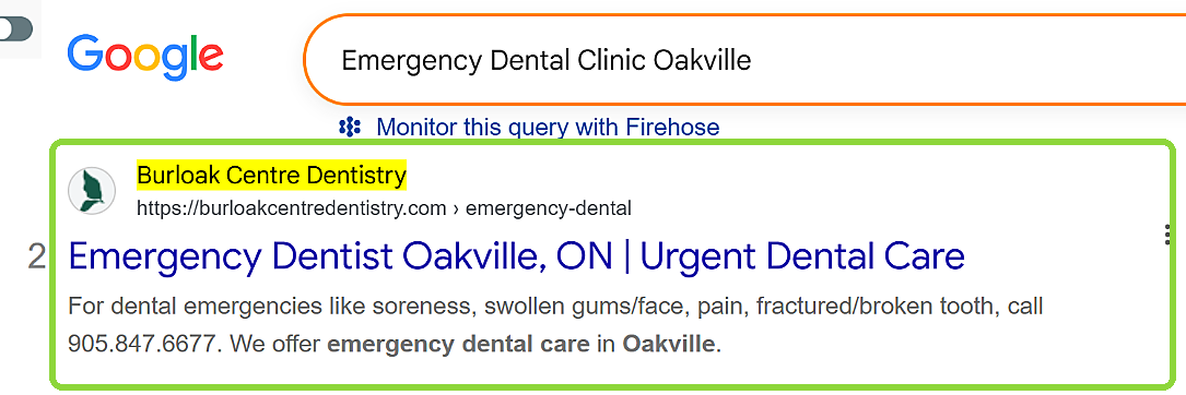 Google search for Emergency Dental Clinic Oakville: Burloak Centre Dentistry is result number 2