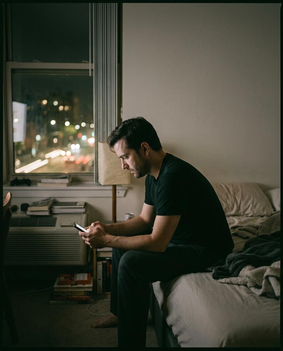 A man sits on the edge of his bed late at night, searching on his phone by the light of the screen