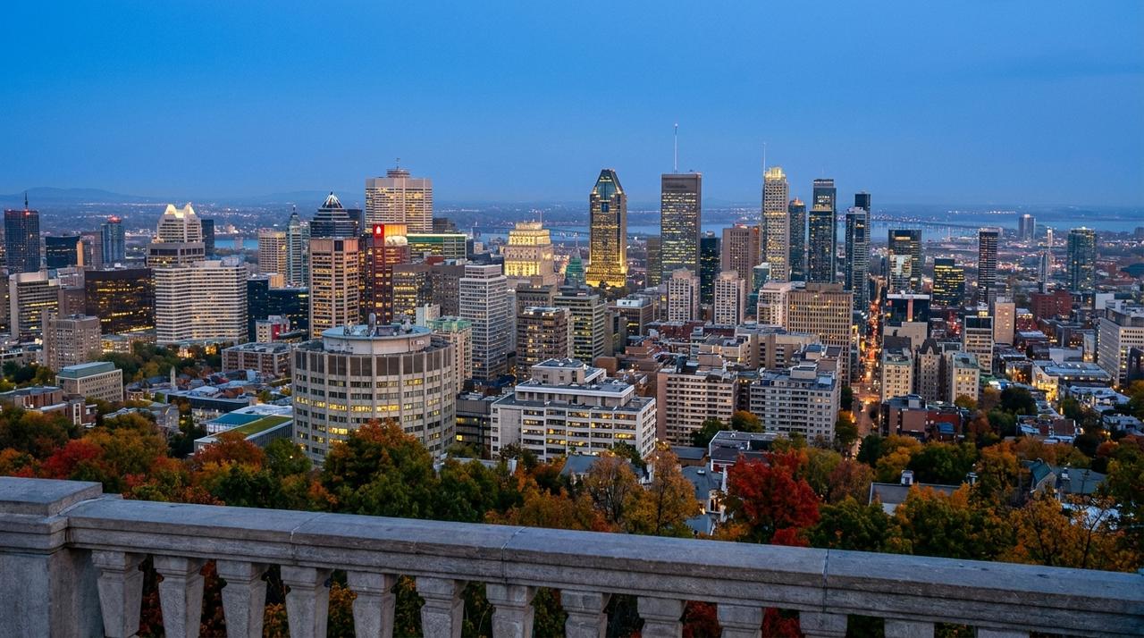 Downtown Montreal skyline at blue hour from Mount Royal