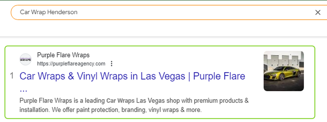 Google search for Car Wrap Henderson: Purple Flare Wraps is result number 1