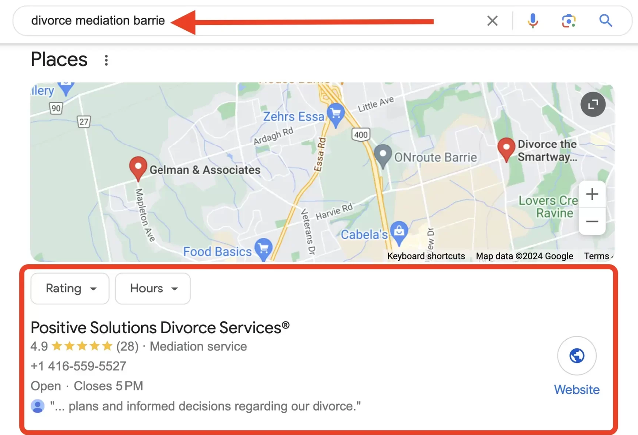 Google for divorce mediation barrie: the map, then the first listing, Positive Solutions Divorce Services, 4.9 stars, Mediation service