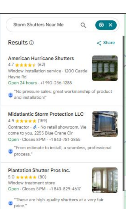 Google Maps results panel for storm shutters near me, with American Hurricane Shutters listed first above Midatlantic Storm Protection and Plantation Shutter Pros