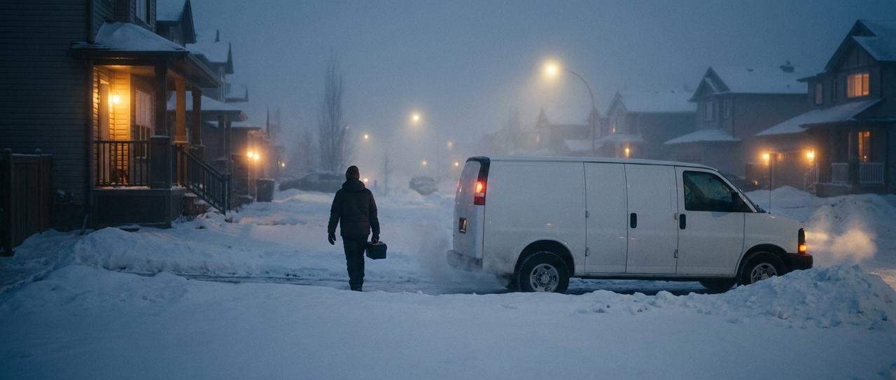 A white service van idling on a snowy Edmonton residential street at dusk while a technician walks to a front door with a toolbox
