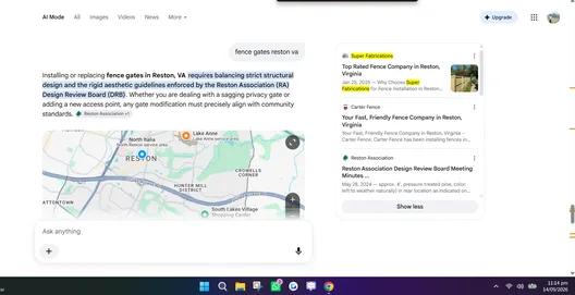 Google AI Mode answer for fence gates reston va listing Super Fabrications