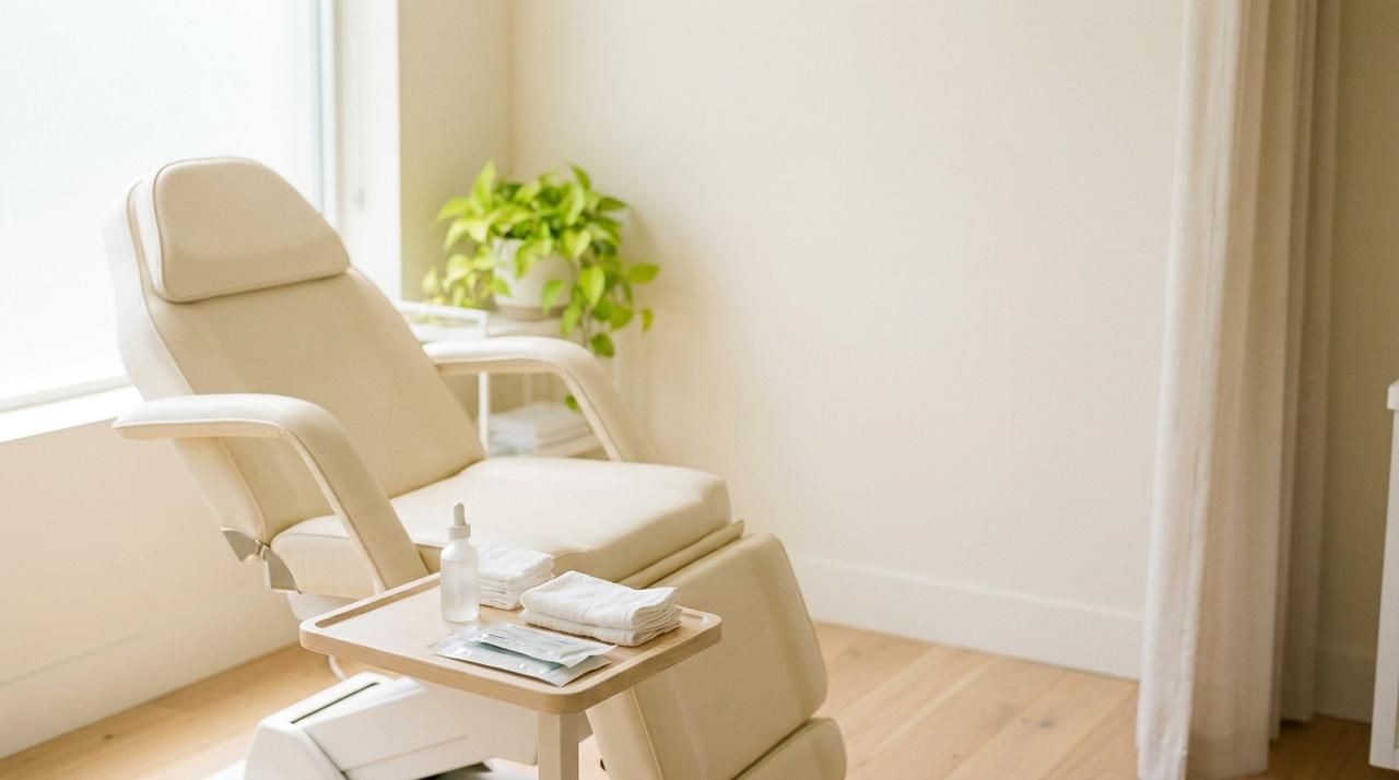 A bright med spa treatment room with a cream treatment chair, a tray of skincare supplies and a green plant by the window