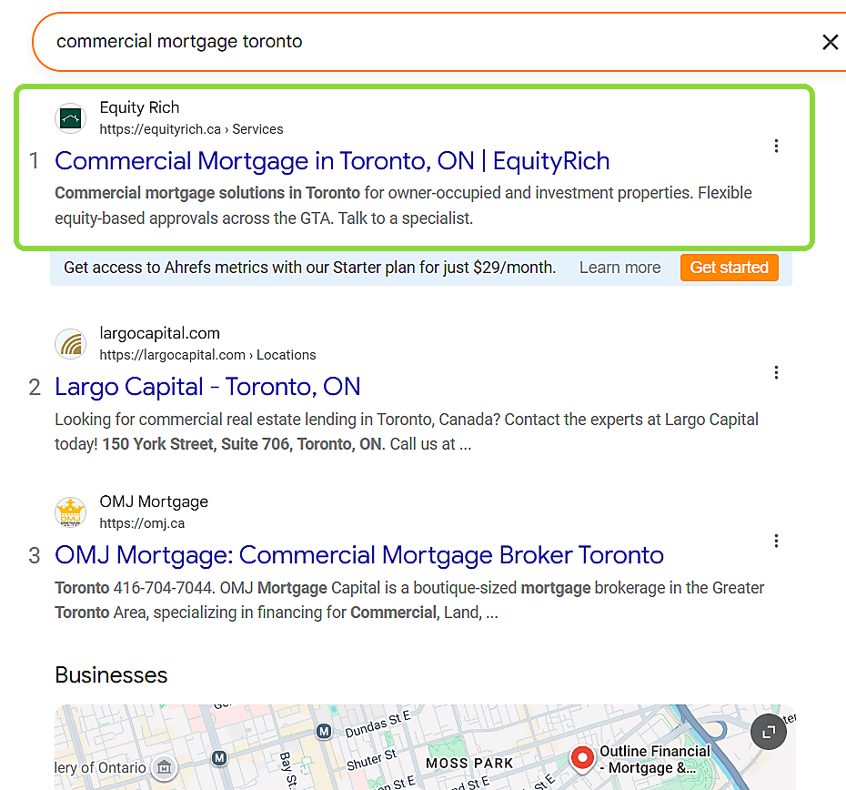 Google result showing EquityRich first for commercial mortgage Toronto