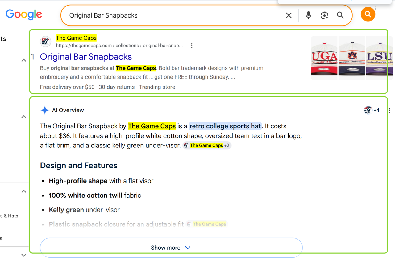 Google result showing The Game Caps first and named in the AI Overview for Original Bar Snapbacks