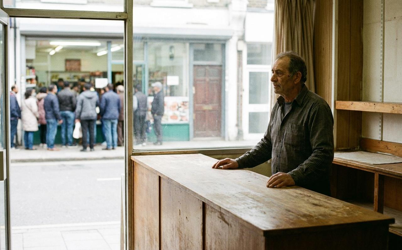 Shop owner at an empty counter watching customers queue at the shop across the street