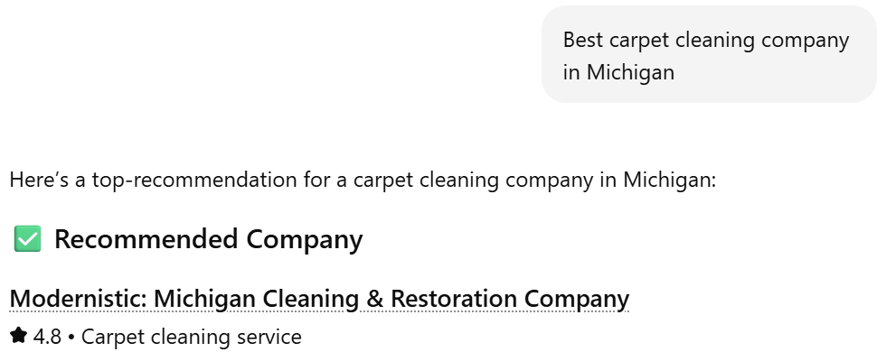 ChatGPT answer recommending Modernistic for best carpet cleaning company in Michigan