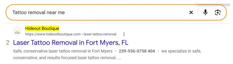 Google result 2: Hideout Boutique for Tattoo removal near me