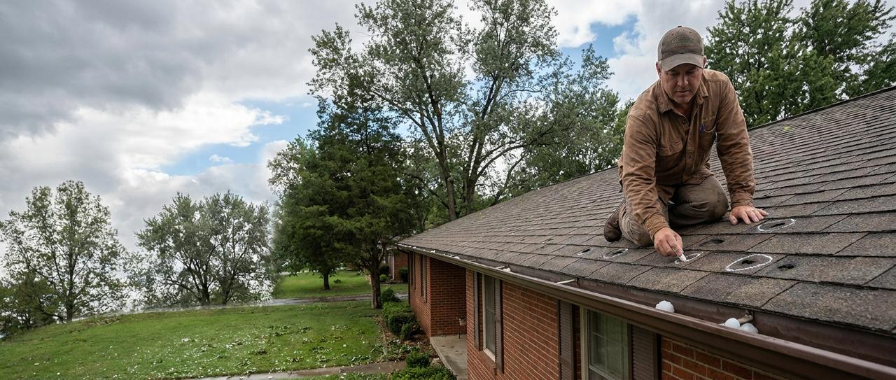 A roofer kneeling on a brick ranch house roof, circling hail damage on the shingles in chalk, with hailstones in the gutter