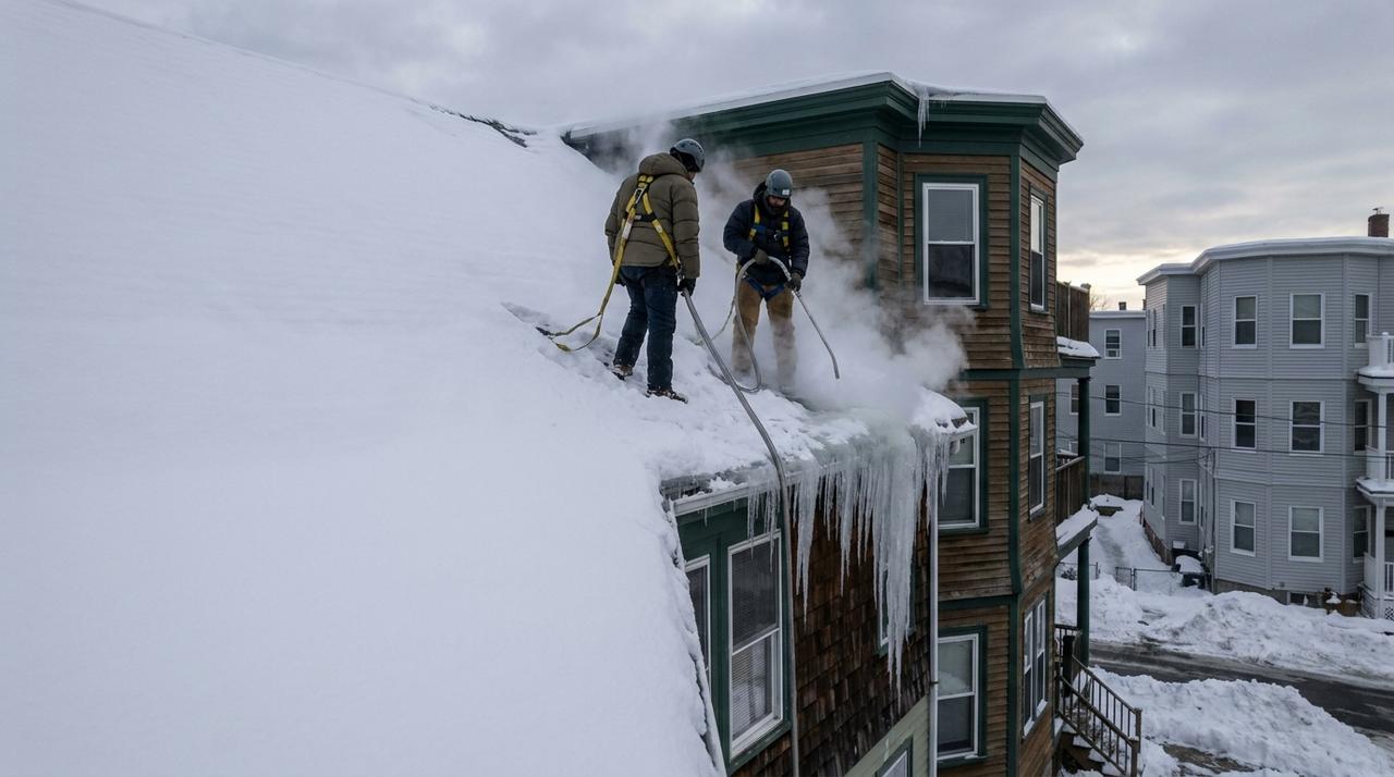 Two roofers in safety harnesses using a steam hose to clear a thick ice dam and long icicles from the snow-covered roof of a Boston triple-decker, with deep snowbanks on the street below
