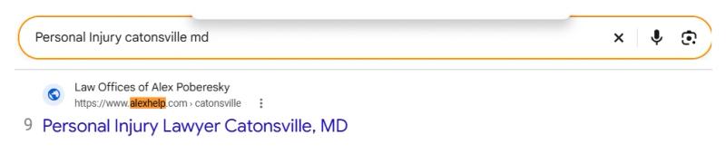 Google result 9: Law Offices of Alex Poberesky for Personal Injury catonsville md