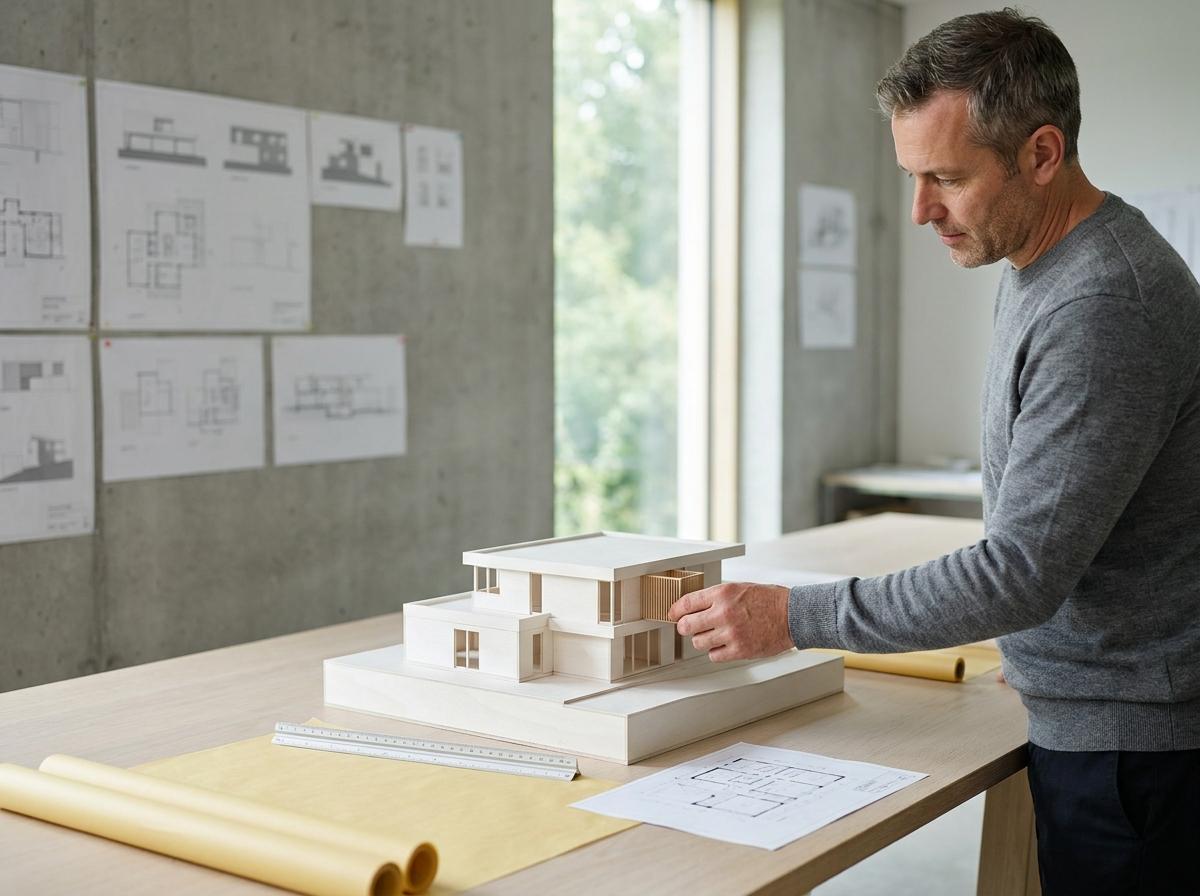 An architect adjusting a wooden house model in a bright studio