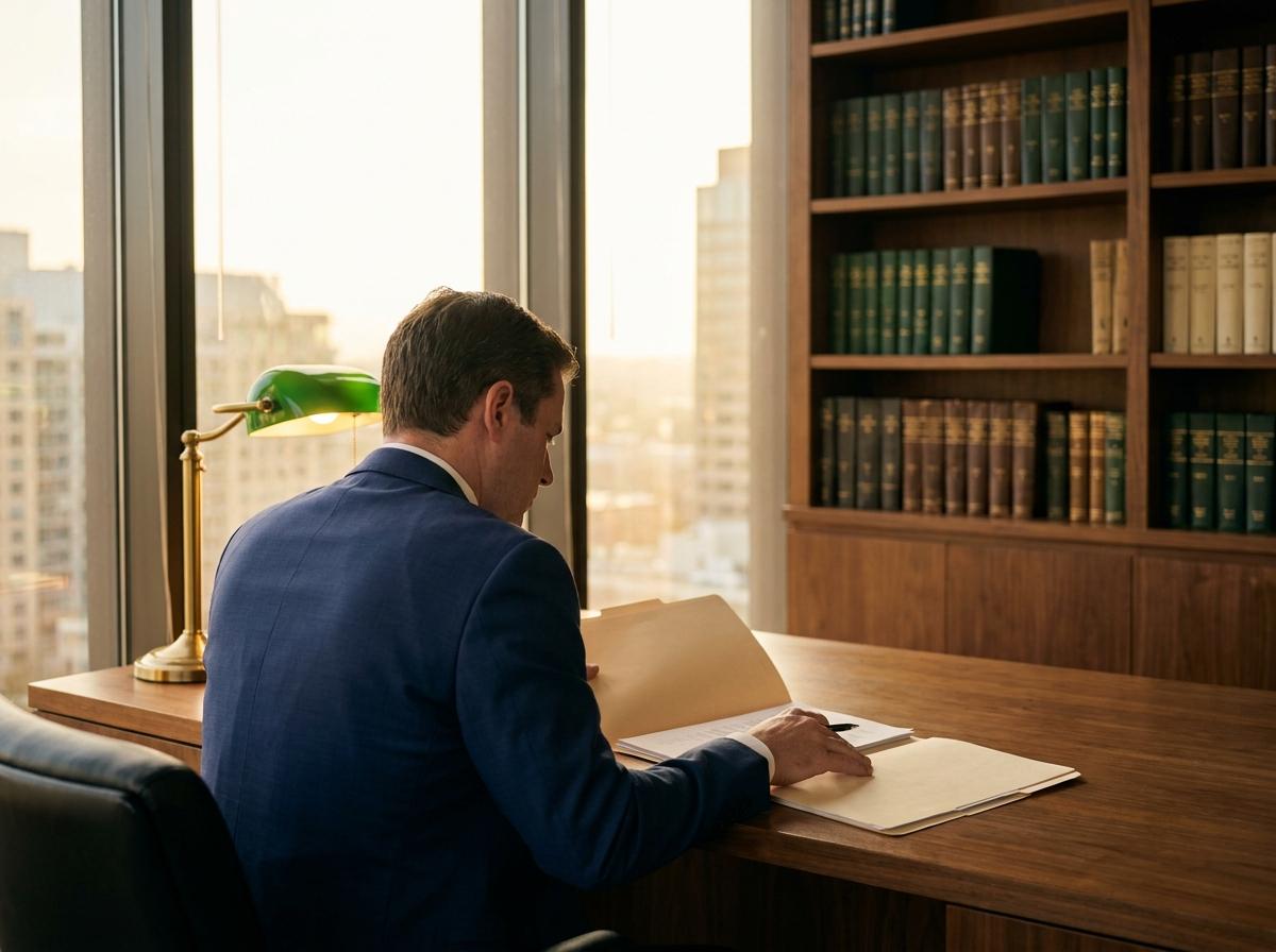 Lawyer reviewing a case file at a desk in a law office