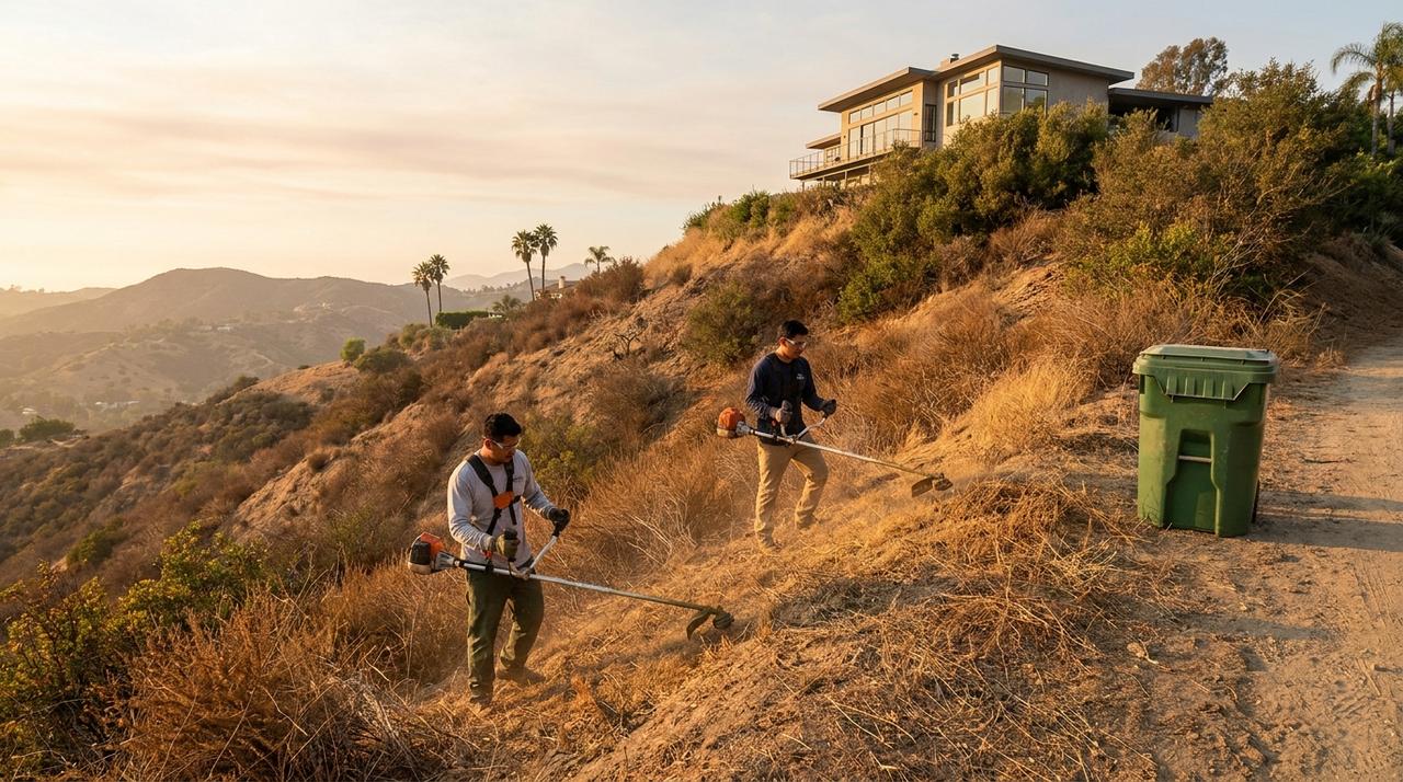 A crew clearing dry brush on a Los Angeles hillside above homes, making defensible space before fire season