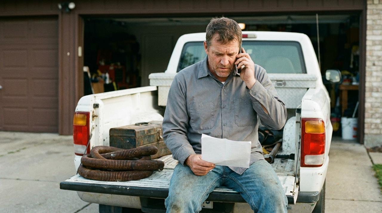 A garage door technician sitting on the tailgate of his work truck, taking a call while holding a paper job sheet