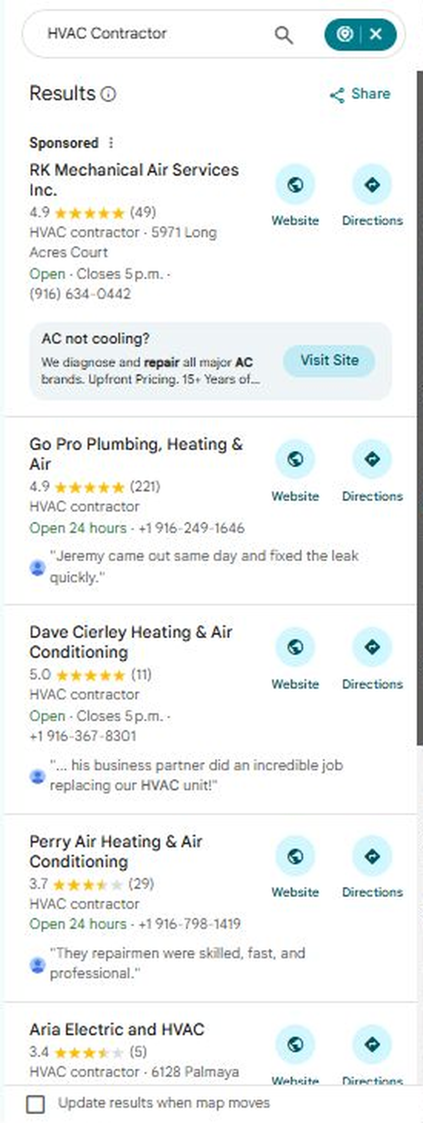 Google Maps results showing Go Pro Plumbing Heating and Air as the first unsponsored HVAC contractor result