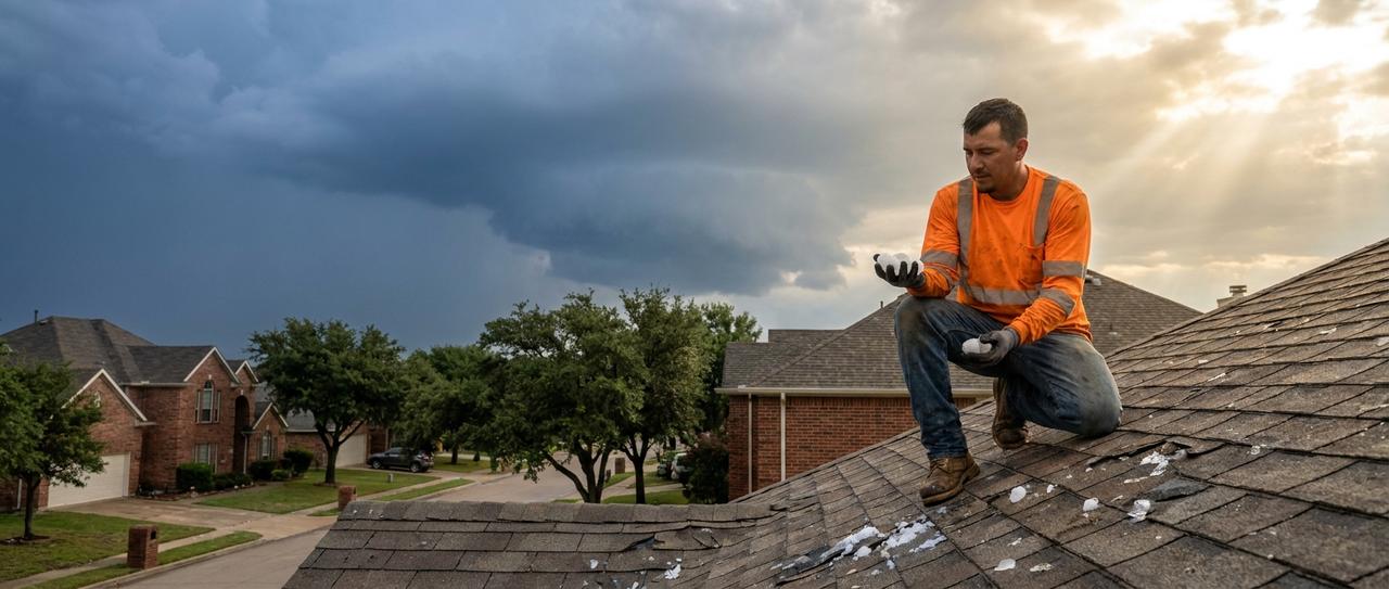 A roofer in a hi-vis shirt kneeling on a hail-damaged shingle roof in a North Texas suburb, holding golf-ball-sized hailstones as the storm clears