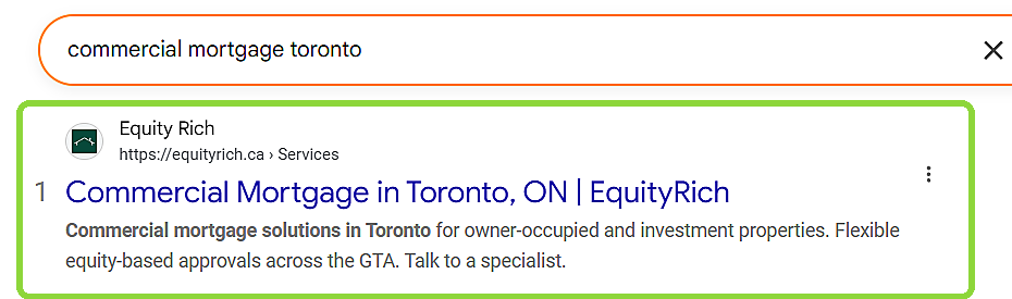 Google result showing EquityRich first for commercial mortgage Toronto