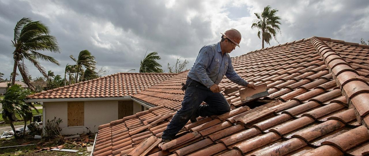 A roofer in a hard hat replacing storm-damaged barrel tiles on a Florida home, palm trees bending in the wind and windows boarded up behind him