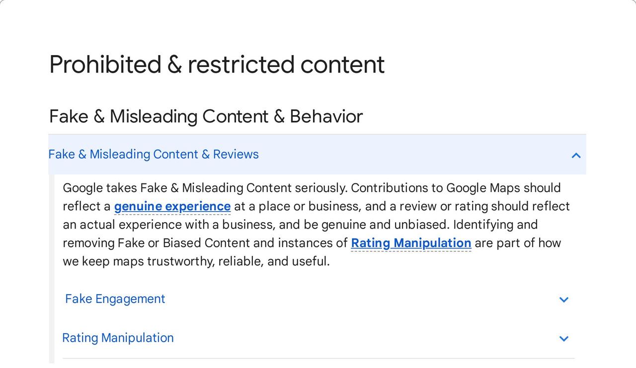 Google Maps content policy page with the Fake and Misleading Content and Reviews section open