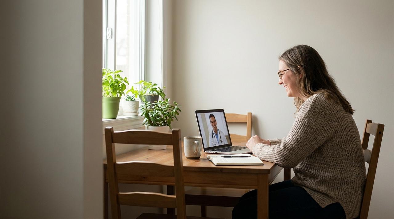 A woman at her kitchen table at home, smiling on a video consultation with a doctor on her laptop