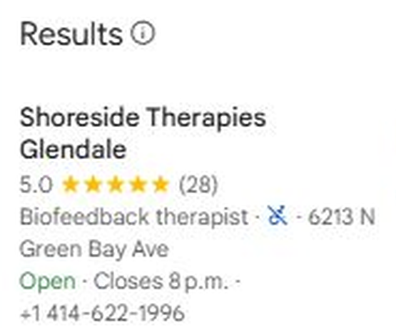 Google Maps results for Female Therapist Near Me with Shoreside Therapies Glendale listed first, 5.0 stars from 28 reviews