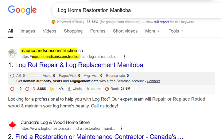 Google results for log home restoration manitoba with Maurice and Sons Construction in position 1