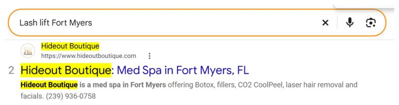 Google result 2: Hideout Boutique for Lash lift Fort Myers