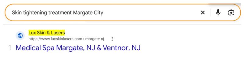 Google result 1: Lux Skin & Lasers for Skin tightening treatment Margate City