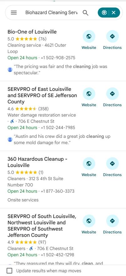 Google Maps results for Biohazard cleaning services in Louisville with 360 Hazardous Cleanup at number 3