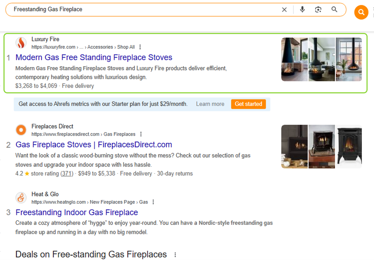 Google result showing Luxury Fire first for Freestanding Gas Fireplace