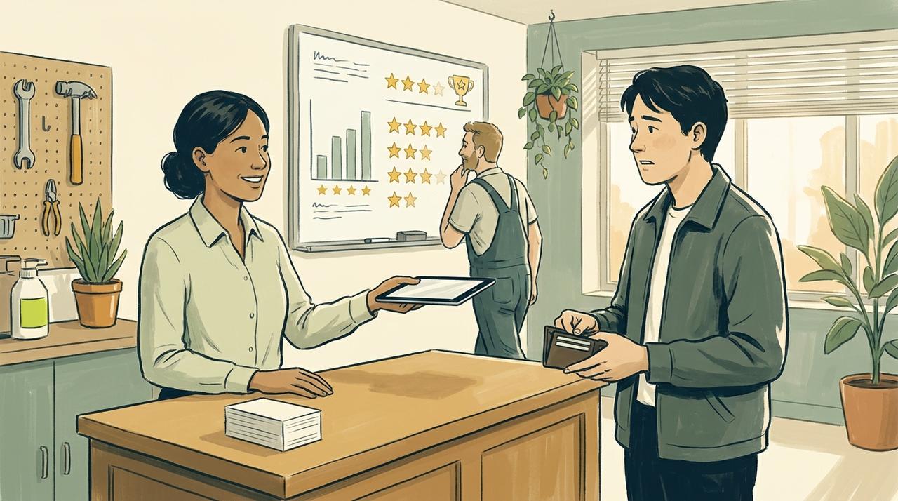 Illustration of a front desk at a plumbing and heating shop: a receptionist holds out a tablet to a customer at checkout while a technician studies a whiteboard of stars and a trophy for a staff review contest