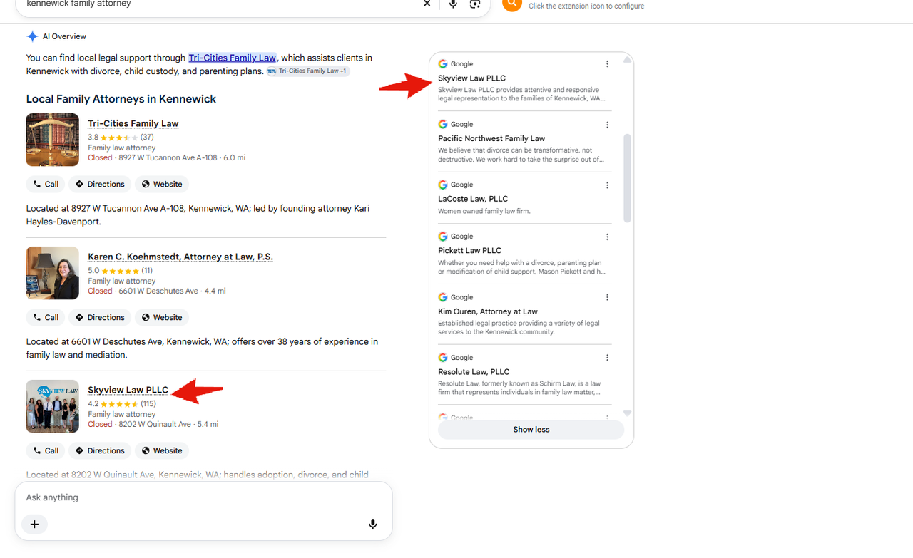 Actual Google AI Mode result showing Skyview Law