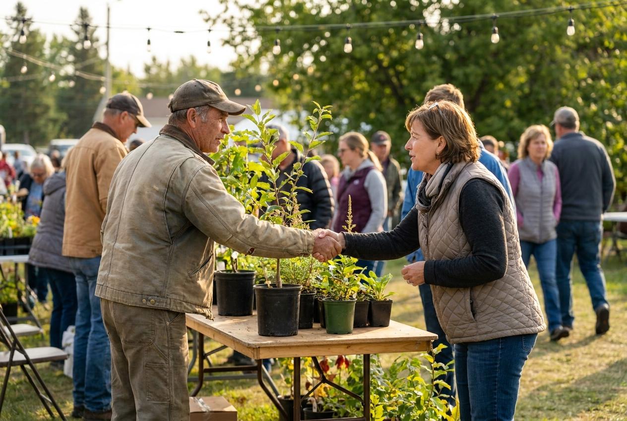 A landscaping business owner shaking hands with a woman from the town business association at an outdoor community fair