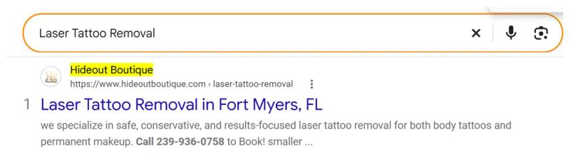 Google result 1: Hideout Boutique for Laser Tattoo Removal