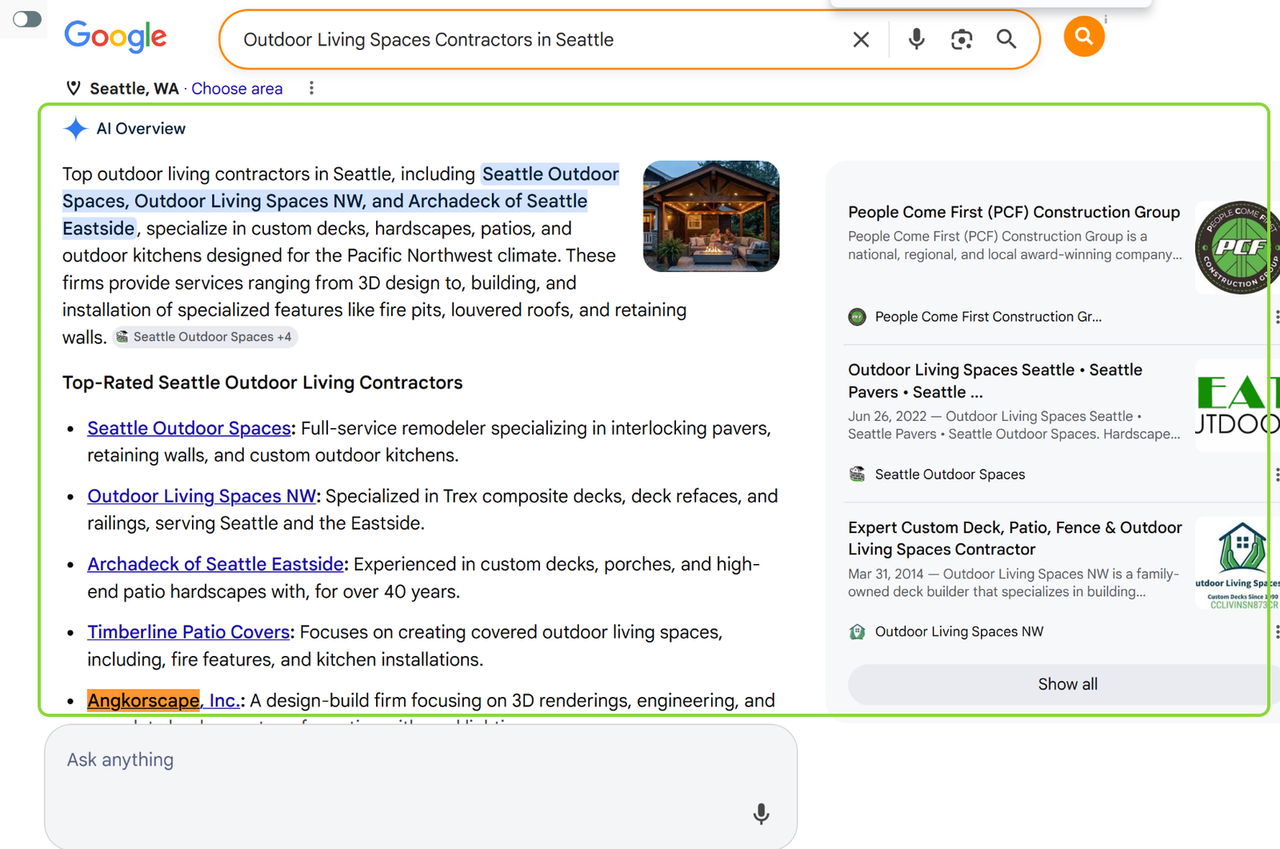 Google AI Overview listing Angkorscape among outdoor living space contractors in Seattle