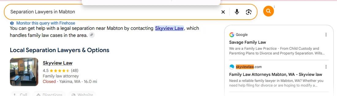 Google AI Overview for Separation Lawyers in Mabton naming Skyview Law